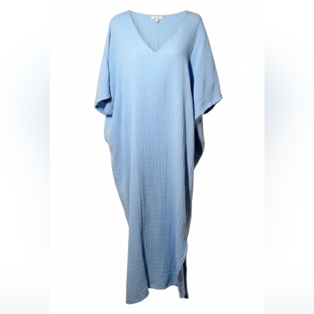 Anaak Blue Cotton Gauze V-Neck Kaftan Maxi Dress Feminine Boho 0 XS